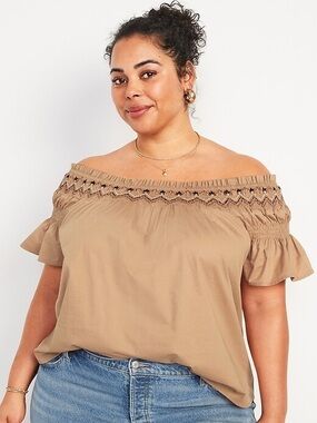 Old Navy Brown Off Shoulder Blouse Size 3X Smocked Aztec Boho Southwestern
